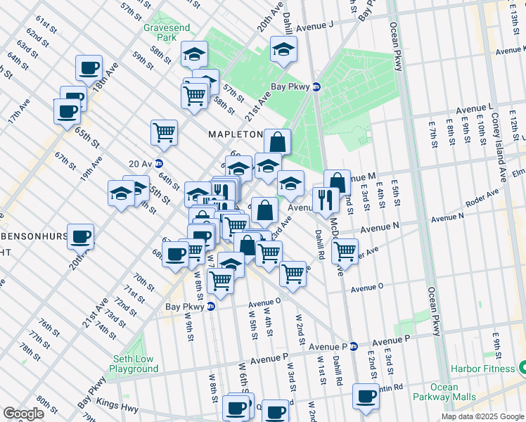 map of restaurants, bars, coffee shops, grocery stores, and more near 2226 61st Street in Brooklyn