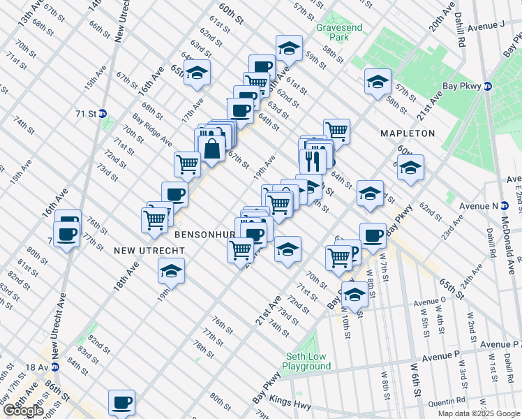 map of restaurants, bars, coffee shops, grocery stores, and more near 1934 68th Street in Brooklyn