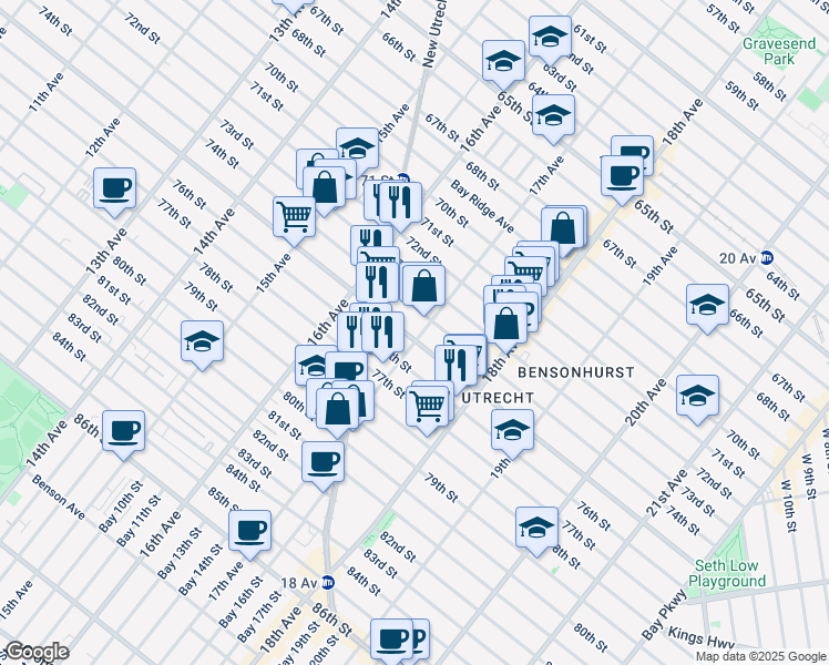 map of restaurants, bars, coffee shops, grocery stores, and more near 7402 17th Avenue in Brooklyn