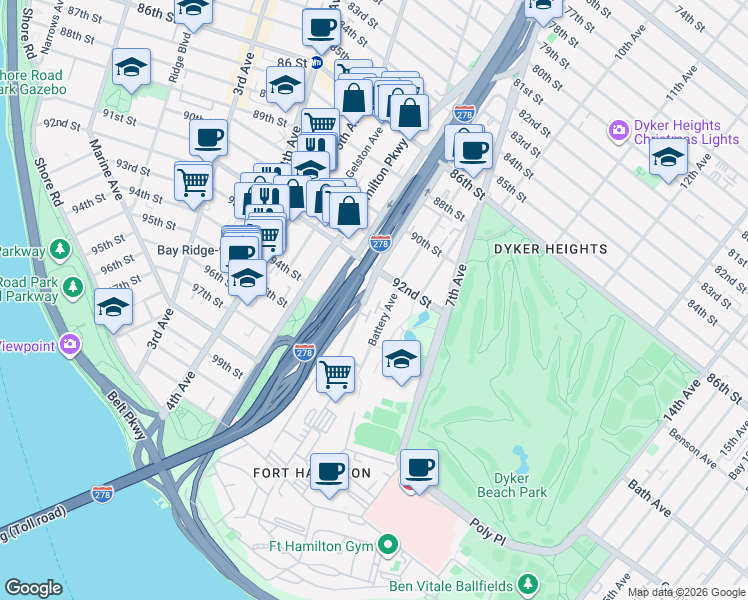 map of restaurants, bars, coffee shops, grocery stores, and more near 185 Dahlgren Place in Brooklyn