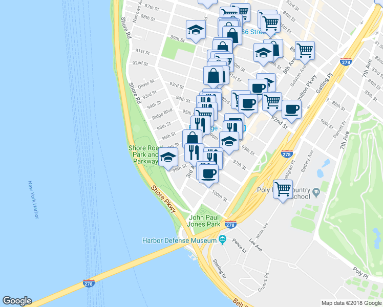 map of restaurants, bars, coffee shops, grocery stores, and more near 167 98th Street in Brooklyn