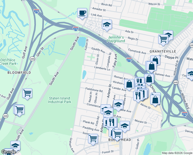 map of restaurants, bars, coffee shops, grocery stores, and more near 156 Roman Avenue in Staten Island