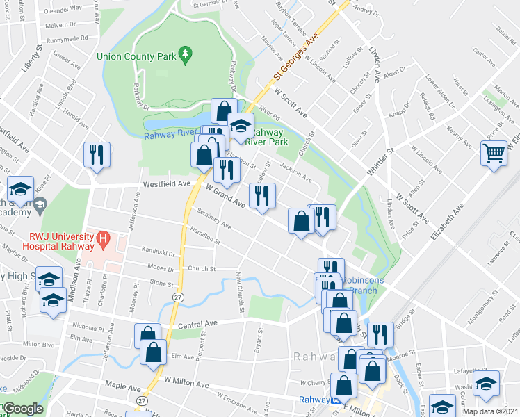 map of restaurants, bars, coffee shops, grocery stores, and more near 630 Union Street in Rahway