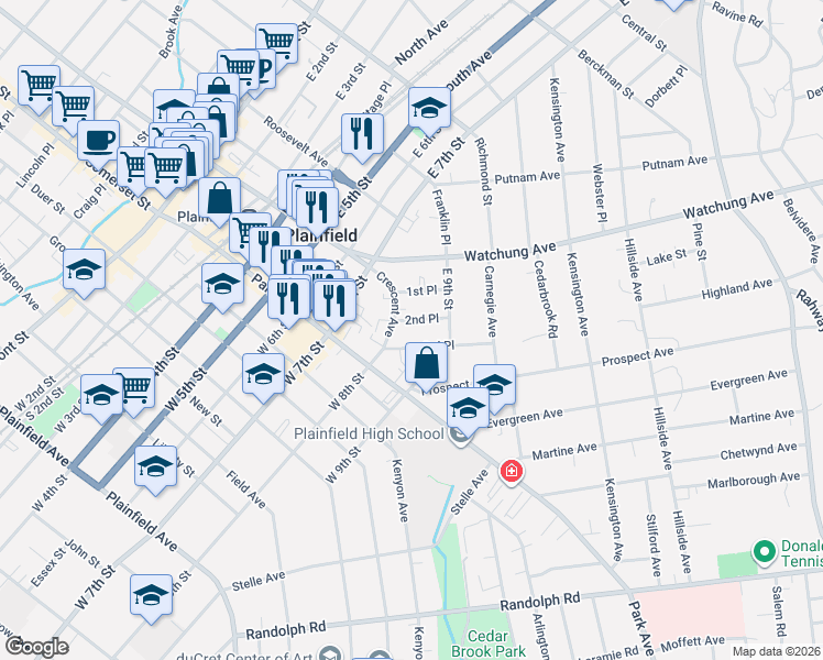 map of restaurants, bars, coffee shops, grocery stores, and more near 821-23 2nd Place in Plainfield