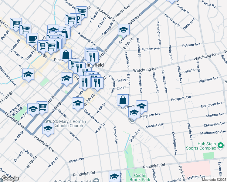 map of restaurants, bars, coffee shops, grocery stores, and more near 129 Crescent Avenue in Plainfield
