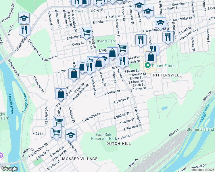 map of restaurants, bars, coffee shops, grocery stores, and more near 313 North Irving Street in Allentown