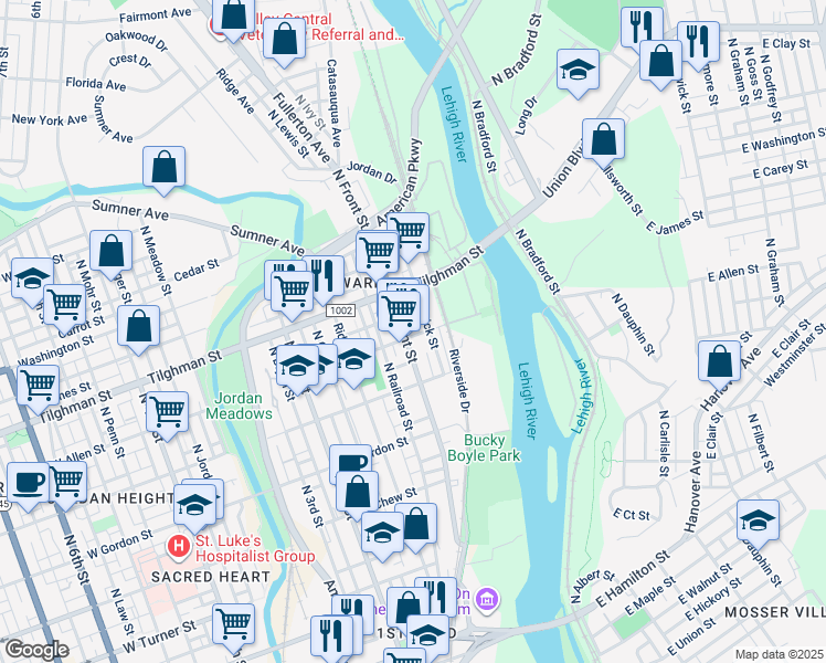 map of restaurants, bars, coffee shops, grocery stores, and more near 620 North Brick Street in Allentown