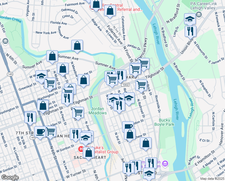 map of restaurants, bars, coffee shops, grocery stores, and more near 175 Tilghman Street in Allentown