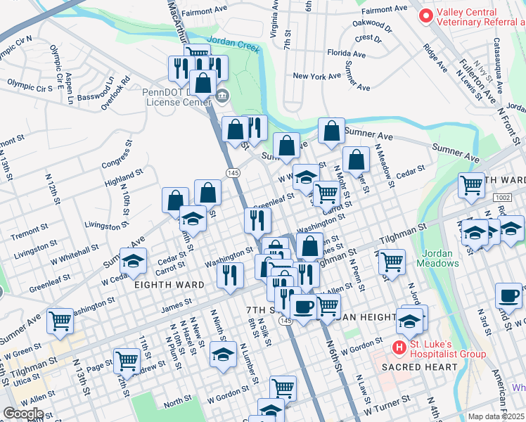 map of restaurants, bars, coffee shops, grocery stores, and more near 631 Greenleaf Street in Allentown