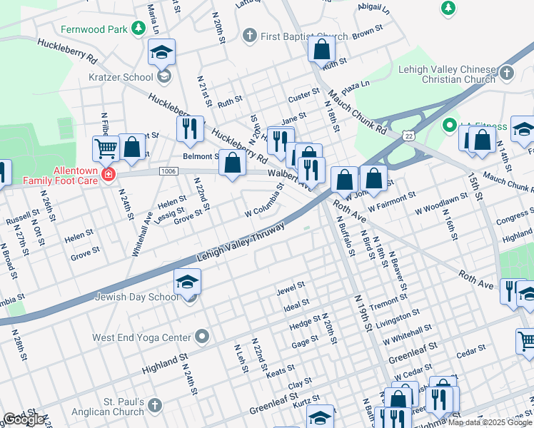 map of restaurants, bars, coffee shops, grocery stores, and more near 2029 West Columbia Street in Allentown