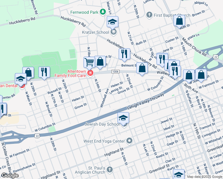 map of restaurants, bars, coffee shops, grocery stores, and more near 2305 Helen Street in Allentown
