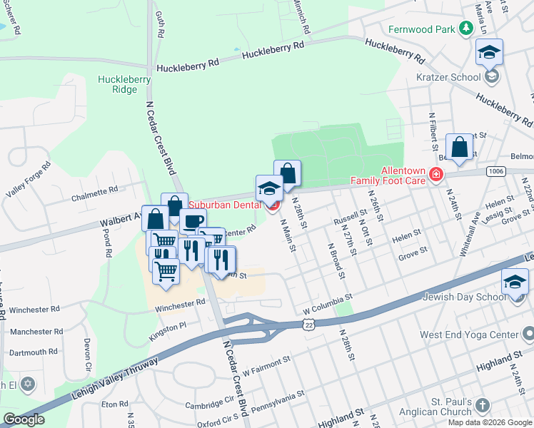map of restaurants, bars, coffee shops, grocery stores, and more near 1651 Office Center Road in Allentown