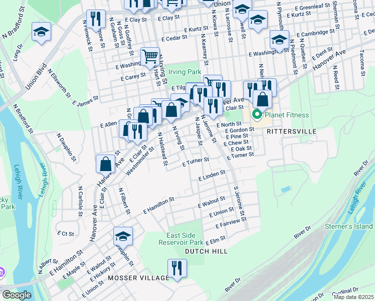 map of restaurants, bars, coffee shops, grocery stores, and more near 313 North Irving Street in Allentown