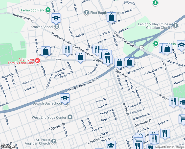 map of restaurants, bars, coffee shops, grocery stores, and more near 2029 West Columbia Street in Allentown
