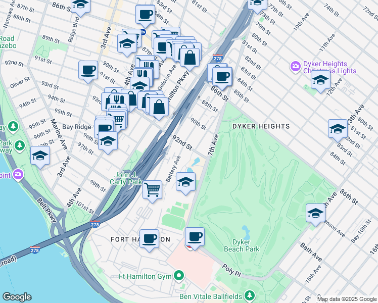 map of restaurants, bars, coffee shops, grocery stores, and more near 166 Battery Avenue in Brooklyn