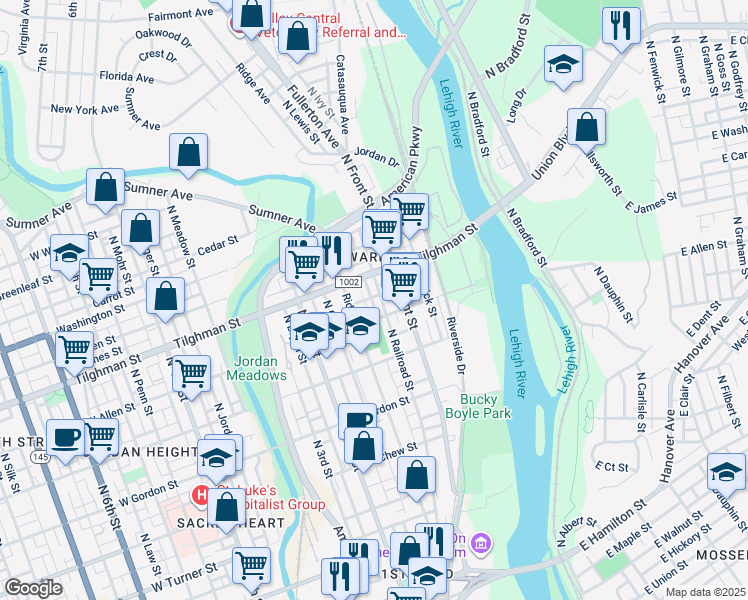 map of restaurants, bars, coffee shops, grocery stores, and more near 128-130 West Sycamore Street in Allentown