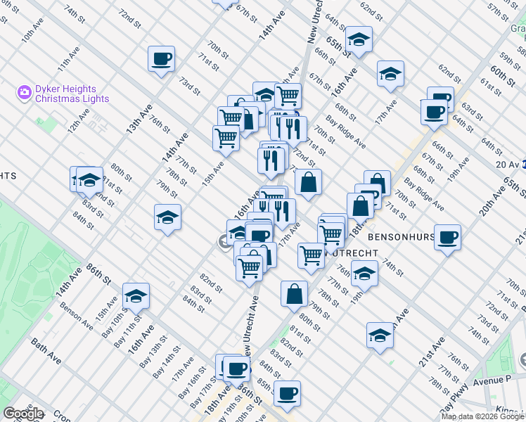 map of restaurants, bars, coffee shops, grocery stores, and more near 1630 76th Street in Brooklyn