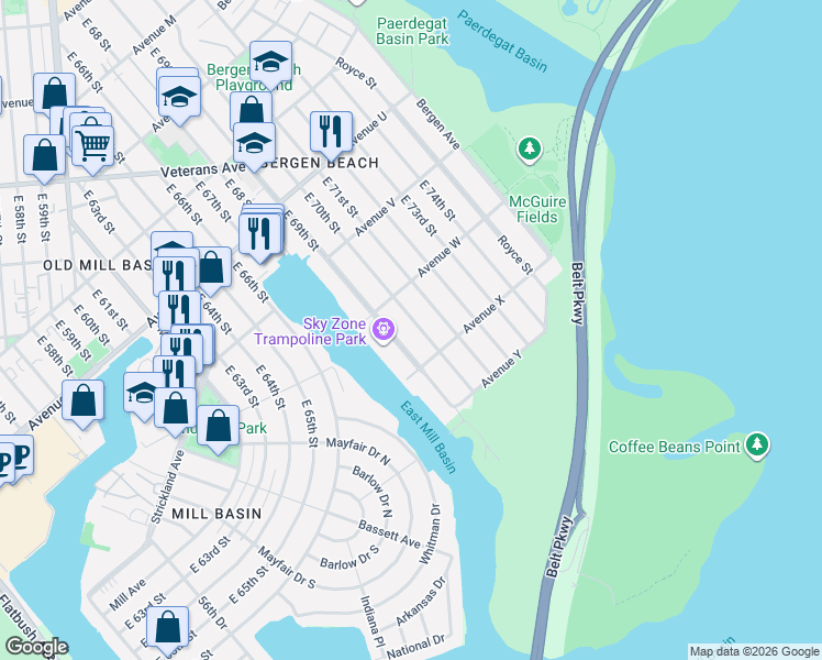map of restaurants, bars, coffee shops, grocery stores, and more near 2339 East 70th Street in Brooklyn