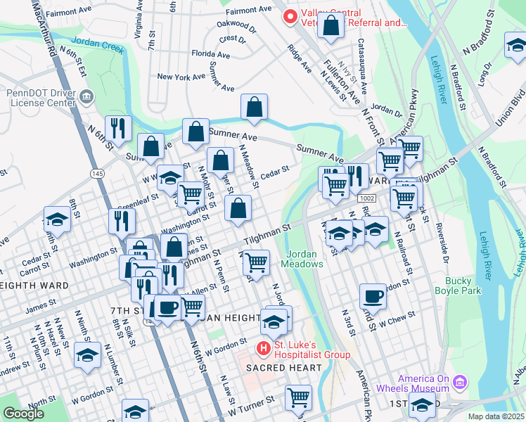 map of restaurants, bars, coffee shops, grocery stores, and more near 734 North Meadow Street in Allentown