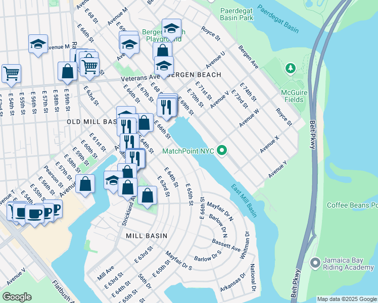 map of restaurants, bars, coffee shops, grocery stores, and more near 2235 East 66th Street in Brooklyn