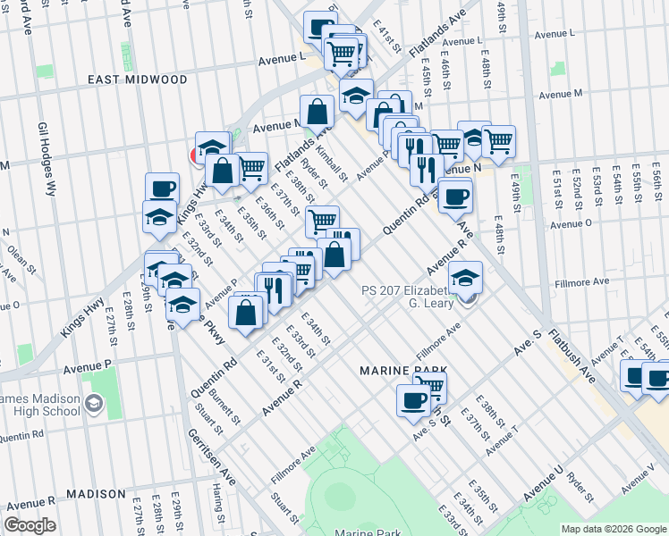 map of restaurants, bars, coffee shops, grocery stores, and more near 1666 East 37th Street in Brooklyn