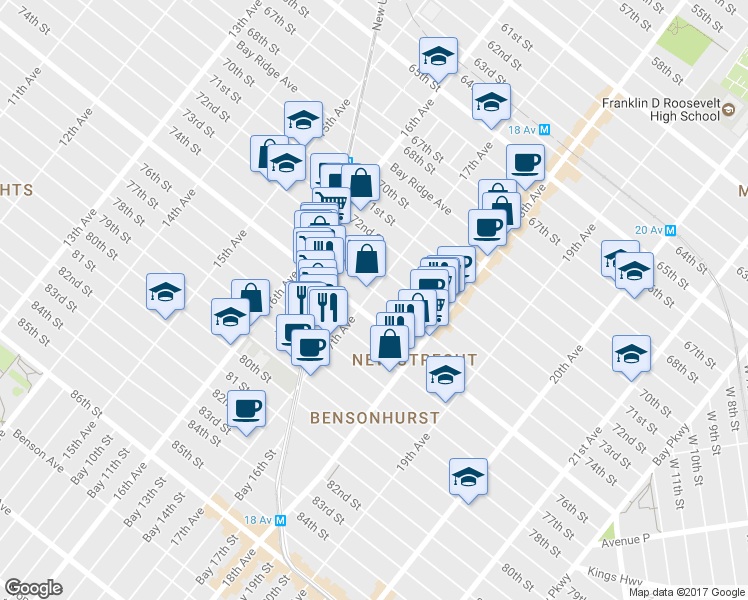 map of restaurants, bars, coffee shops, grocery stores, and more near 1702 74th Street in Brooklyn