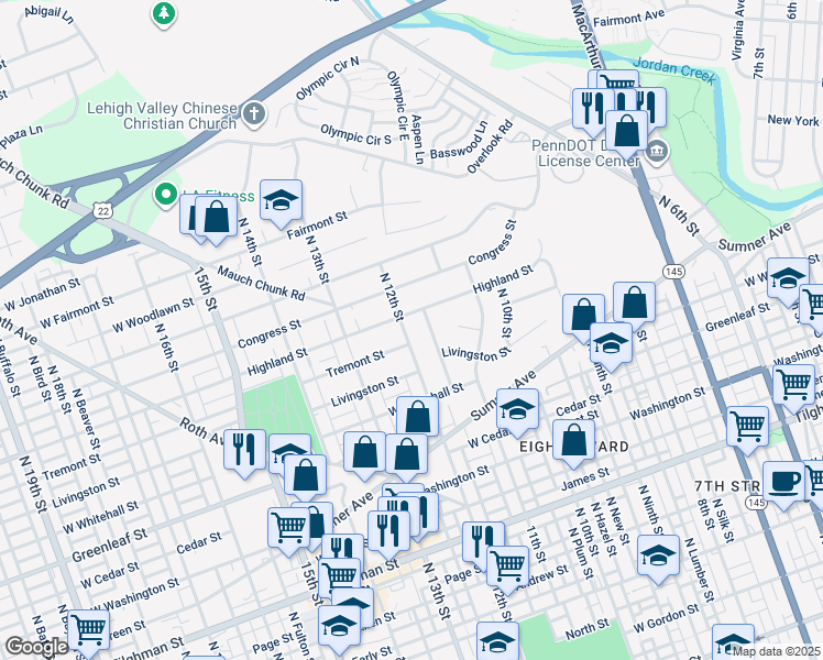 map of restaurants, bars, coffee shops, grocery stores, and more near 1043 North 12th Street in Allentown