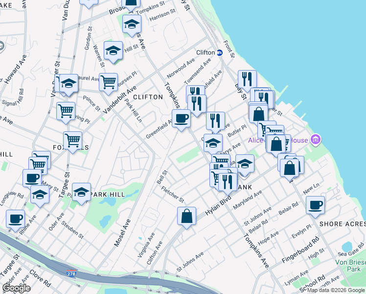map of restaurants, bars, coffee shops, grocery stores, and more near 179 Chestnut Avenue in Staten Island