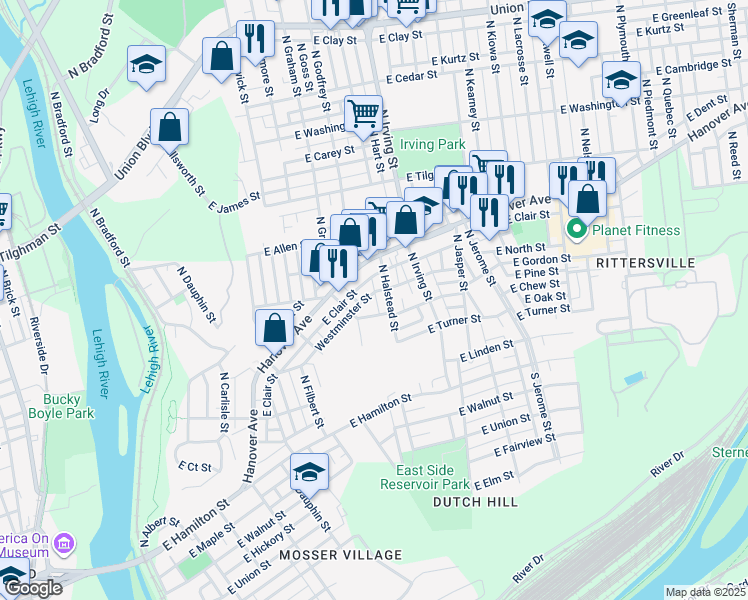 map of restaurants, bars, coffee shops, grocery stores, and more near 728 Westminster Street in Allentown