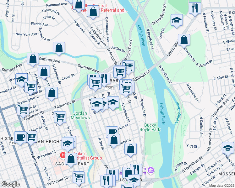 map of restaurants, bars, coffee shops, grocery stores, and more near 128-130 West Sycamore Street in Allentown