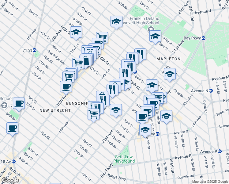 map of restaurants, bars, coffee shops, grocery stores, and more near 6716 20th Avenue in Brooklyn