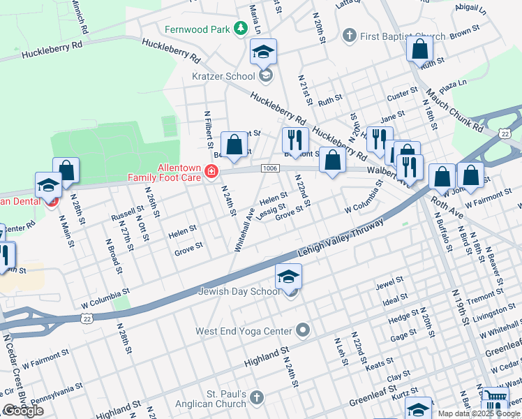 map of restaurants, bars, coffee shops, grocery stores, and more near 2305 Helen Street in Allentown