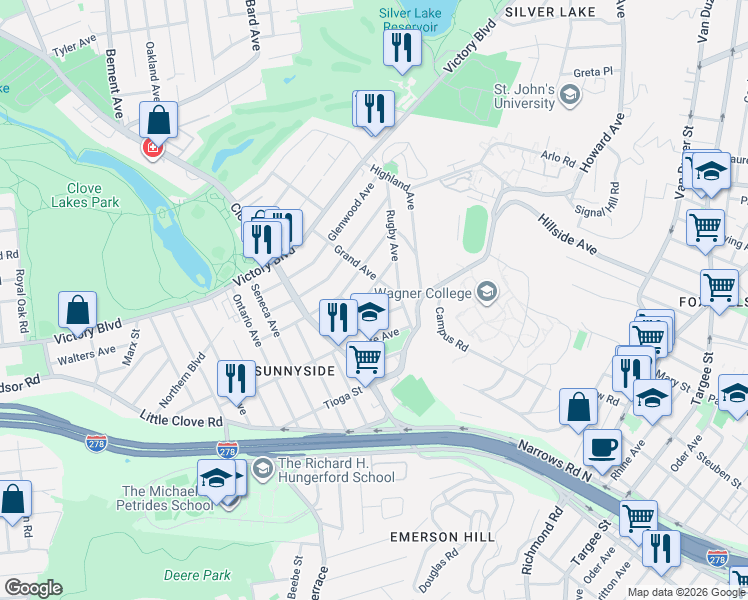 map of restaurants, bars, coffee shops, grocery stores, and more near 112 Grand Avenue in Staten Island