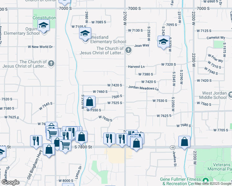 map of restaurants, bars, coffee shops, grocery stores, and more near 2743 West 7460 South in West Jordan