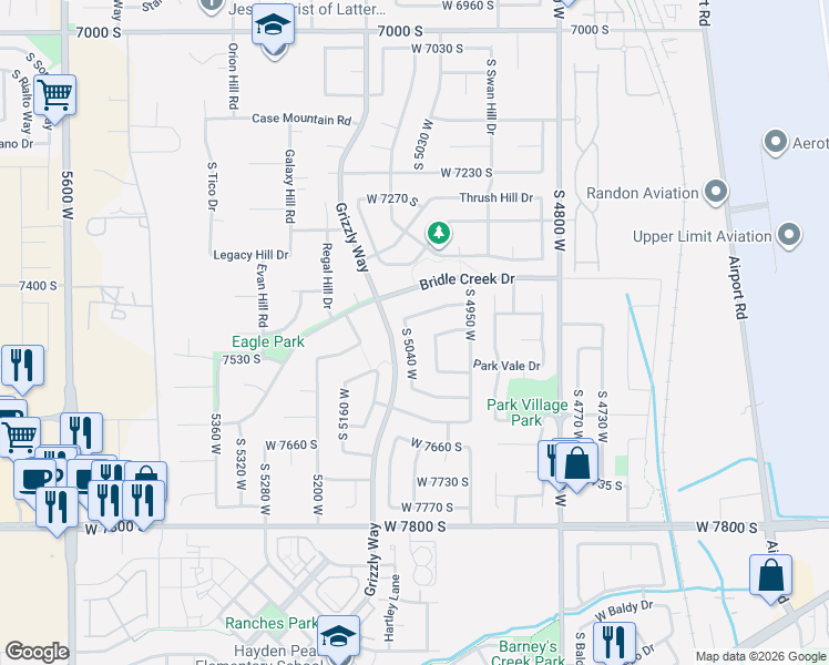 map of restaurants, bars, coffee shops, grocery stores, and more near 7489 South 5040 West in West Jordan