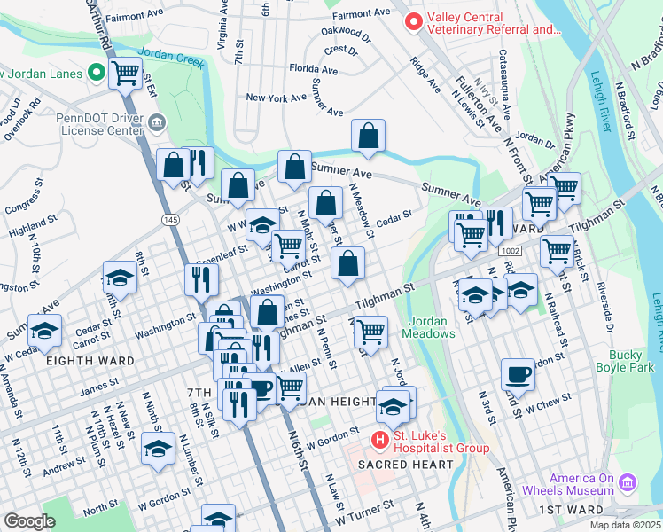 map of restaurants, bars, coffee shops, grocery stores, and more near 401 Washington Street in Allentown