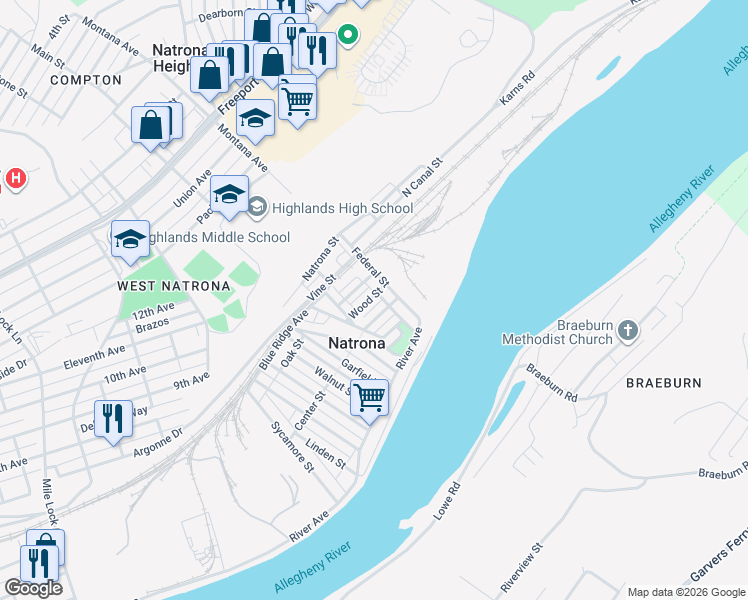 map of restaurants, bars, coffee shops, grocery stores, and more near 13 Greenwich Street in Natrona Heights