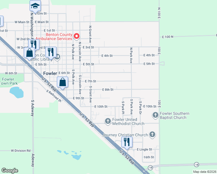 map of restaurants, bars, coffee shops, grocery stores, and more near 1002 East 7th Street in Fowler