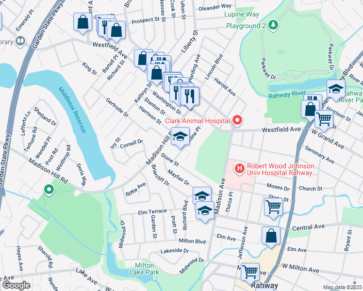 map of restaurants, bars, coffee shops, grocery stores, and more near 1166 Kline Place in Rahway