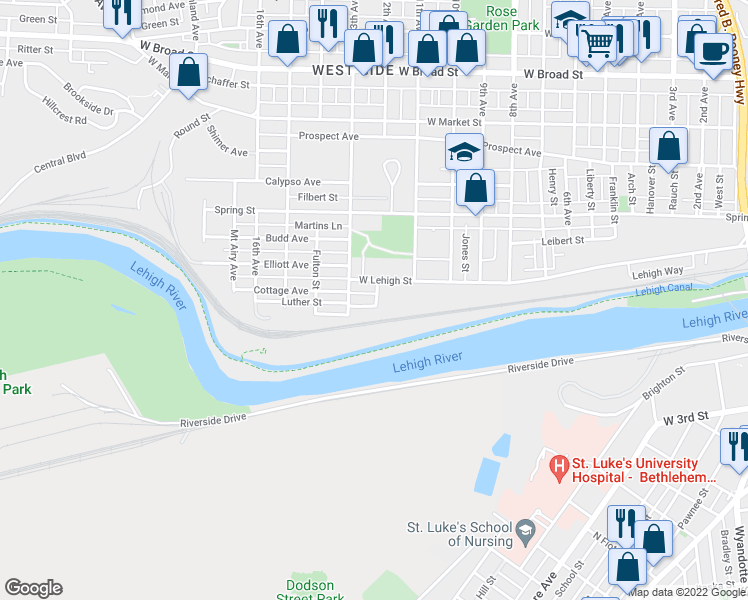map of restaurants, bars, coffee shops, grocery stores, and more near 1306 Clay Street in Bethlehem