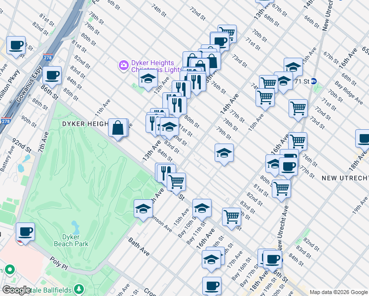 map of restaurants, bars, coffee shops, grocery stores, and more near 1368 82nd Street in Brooklyn