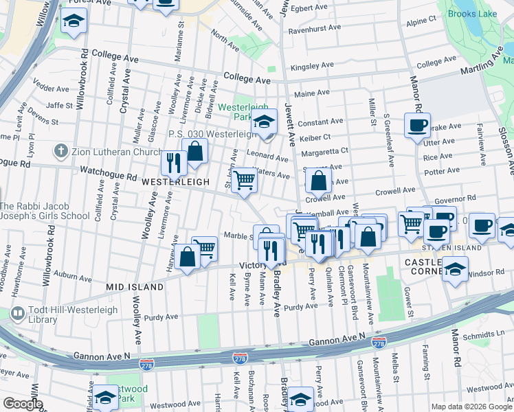 map of restaurants, bars, coffee shops, grocery stores, and more near 52 Markham Place in Staten Island