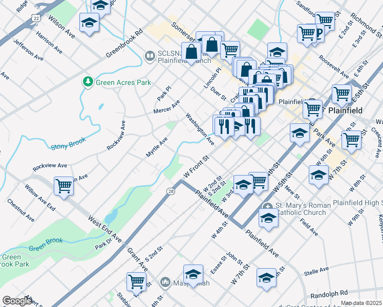 map of restaurants, bars, coffee shops, grocery stores, and more near R506 East Front Street in Plainfield