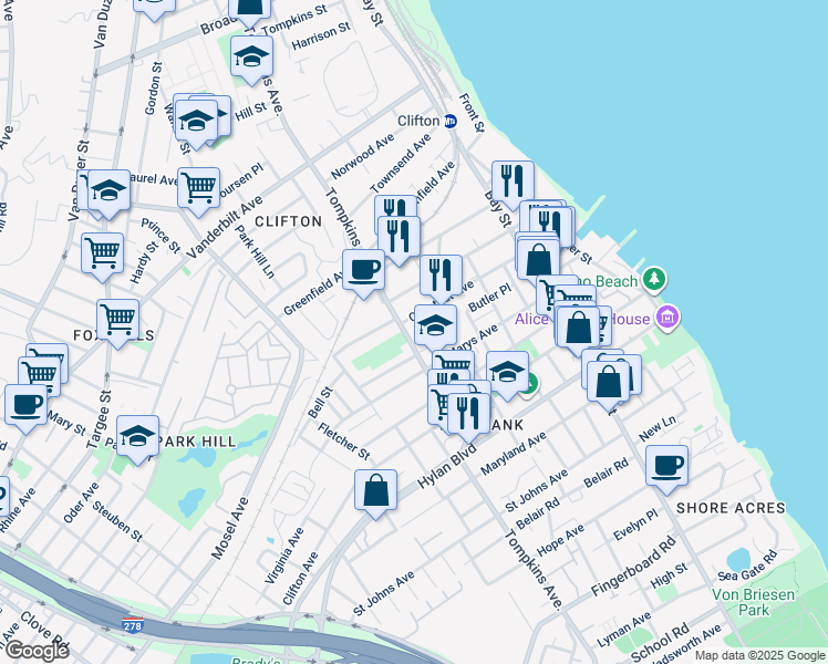map of restaurants, bars, coffee shops, grocery stores, and more near 415 Tompkins Avenue in Staten Island