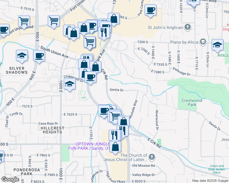 map of restaurants, bars, coffee shops, grocery stores, and more near 1243 Siesta Drive in Cottonwood Heights