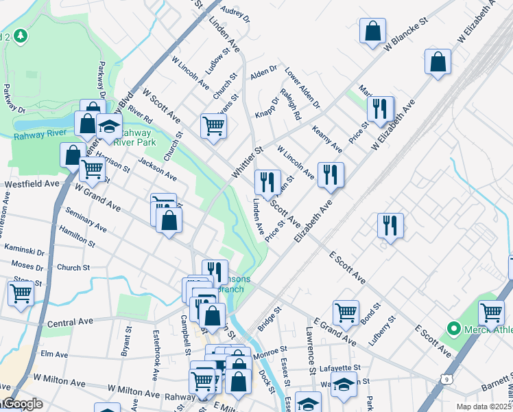map of restaurants, bars, coffee shops, grocery stores, and more near 244 West Scott Avenue in Rahway