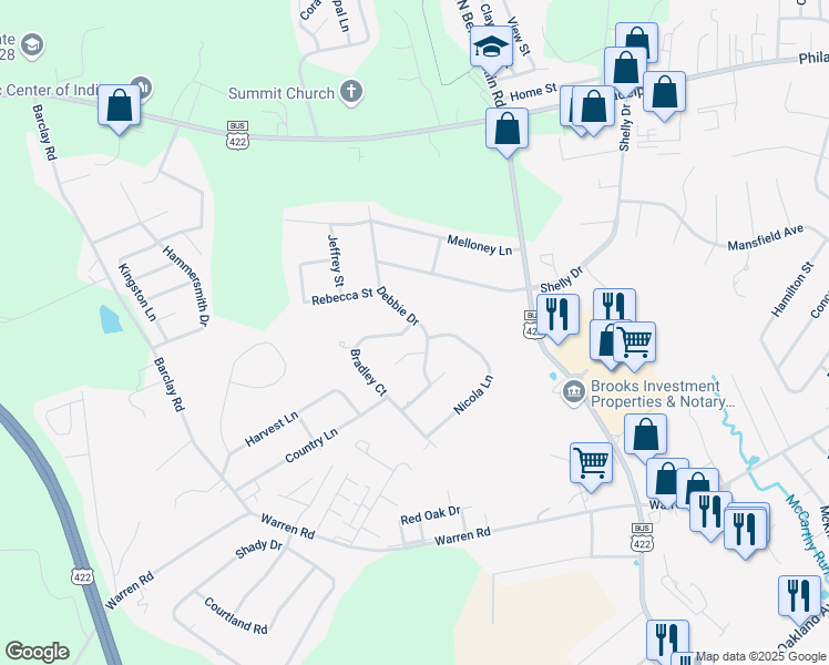 map of restaurants, bars, coffee shops, grocery stores, and more near 375 Debbie Drive in Indiana