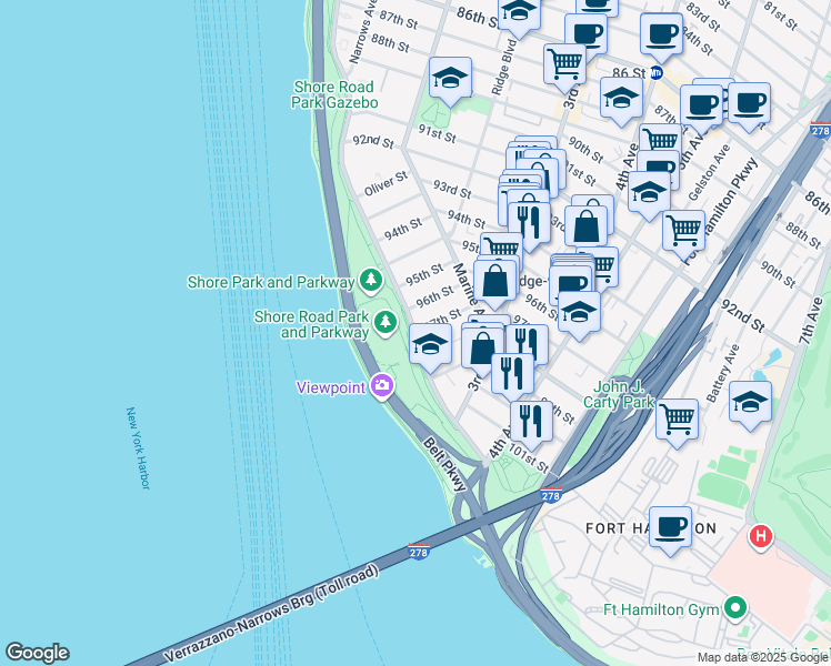 map of restaurants, bars, coffee shops, grocery stores, and more near 50 97th Street in Brooklyn