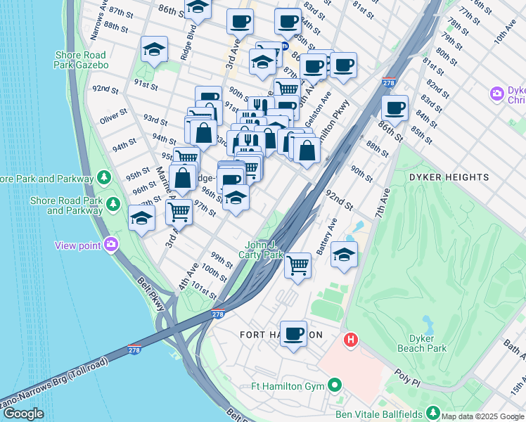 map of restaurants, bars, coffee shops, grocery stores, and more near 544B 94th Street in Brooklyn
