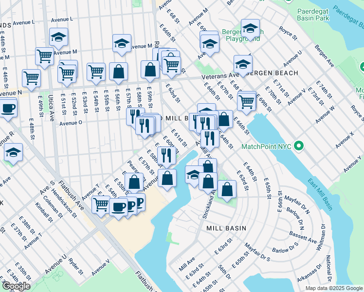 map of restaurants, bars, coffee shops, grocery stores, and more near 2050 East 61st Street in Brooklyn